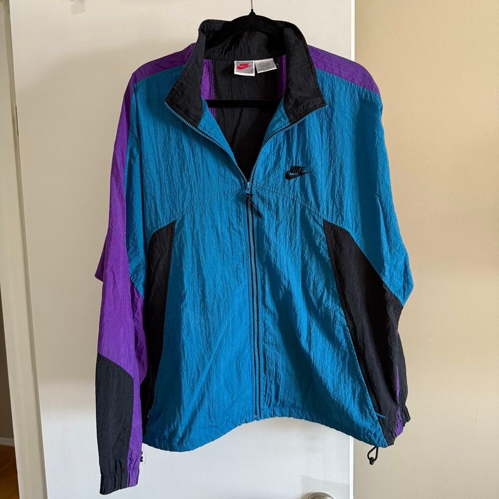 Vintage Nike Windbreaker Black Blue Purple Large Retro 80s 90s Costume Throwback